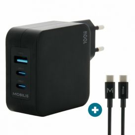 Mobilis Charger 100W 2USB C 1USBA GaN cable 100W Laptop, Smartphone, Tablet Zwart AC Binnen